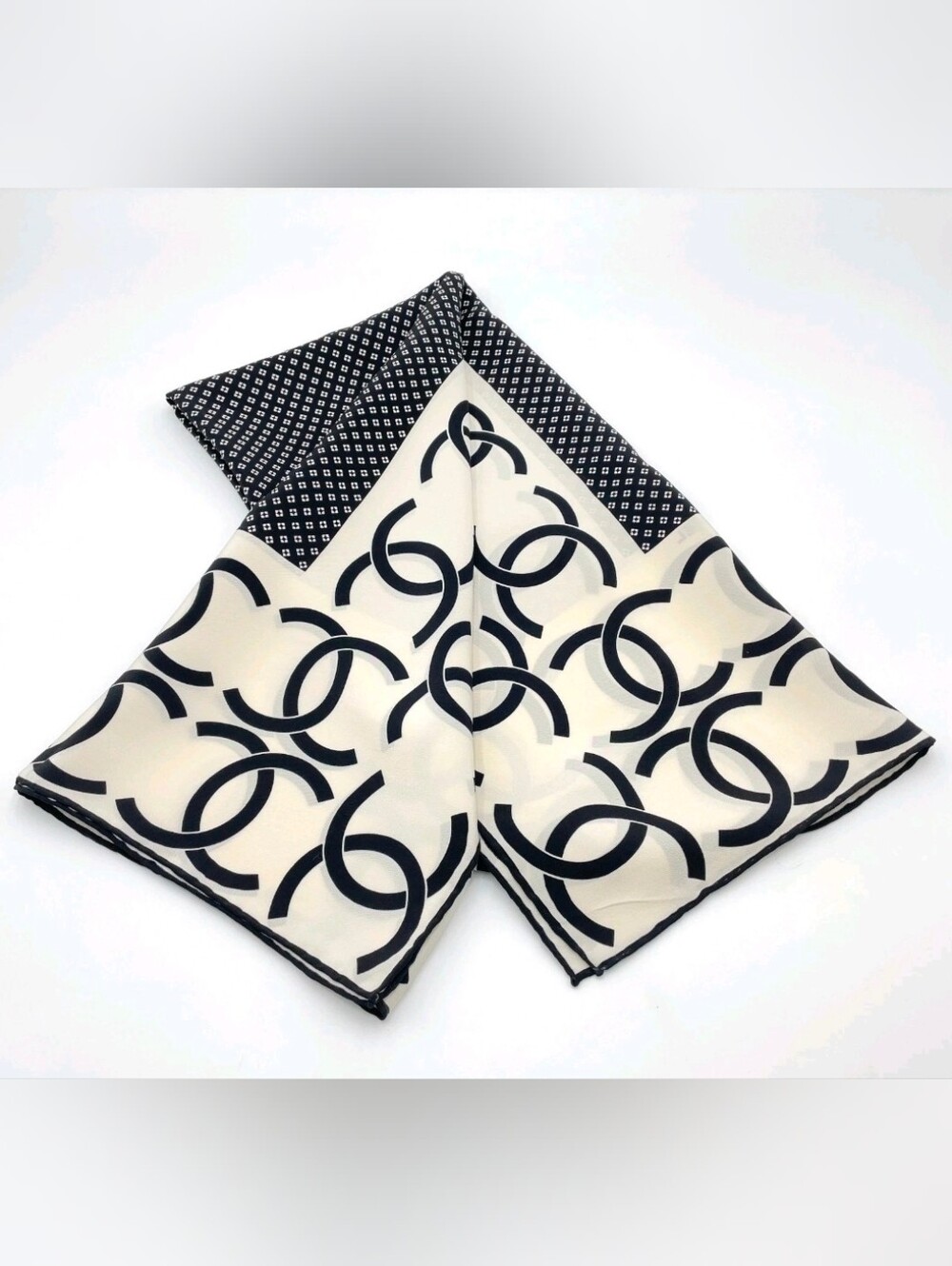 CHANEL Black & White Interlocking CC Silk Scarf